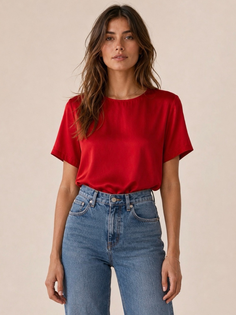 Red 100% Silk Blouse Peter Nygård Original Short Sleeve Classic Top